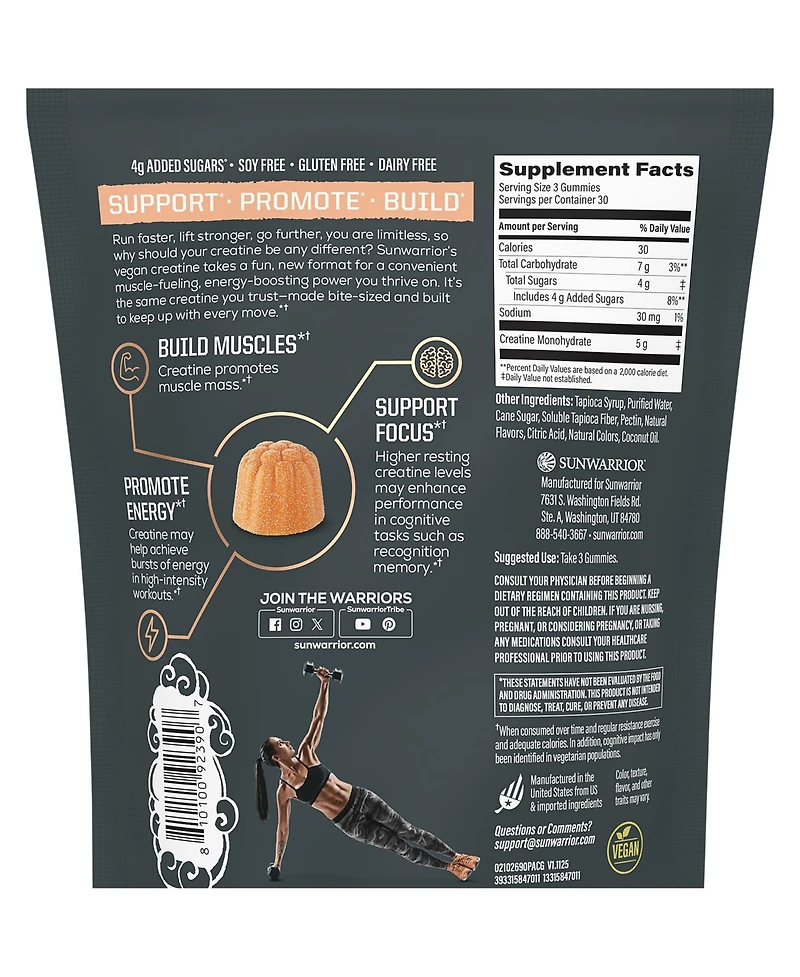Sunwarrior Active Creatine Gummies Peach 90 Count 5g Creatine