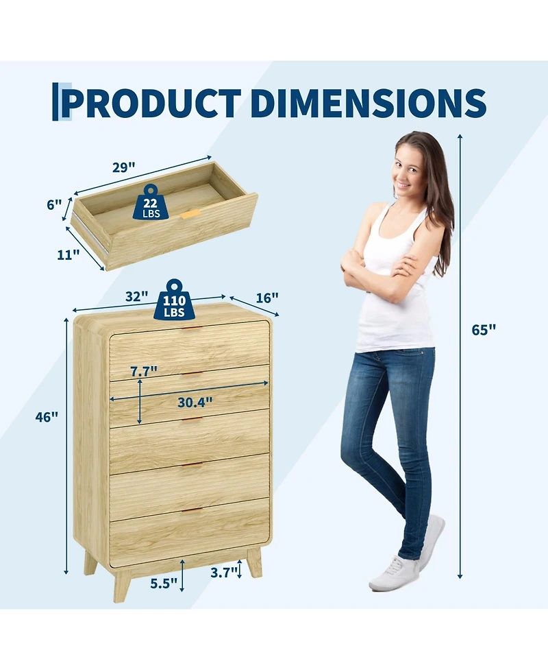 gaomon Modern Fluted 5 Drawer Dresser