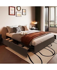 gaomon Platform Bed Frame with 4 Storage Drawers, Linen Fabric Upholstered Wooden Slats Support, No Box Spring Needed, Noise Free