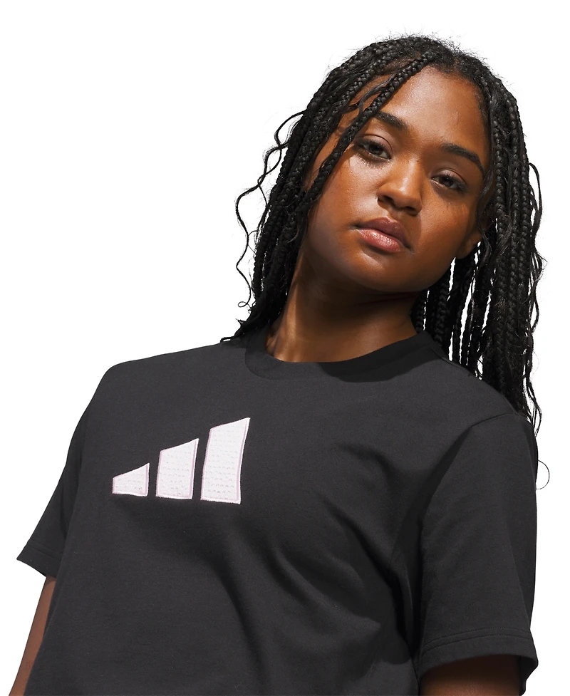 adidas Women's Gingham Big Logo Graphic Crewneck Cotton T-Shirt