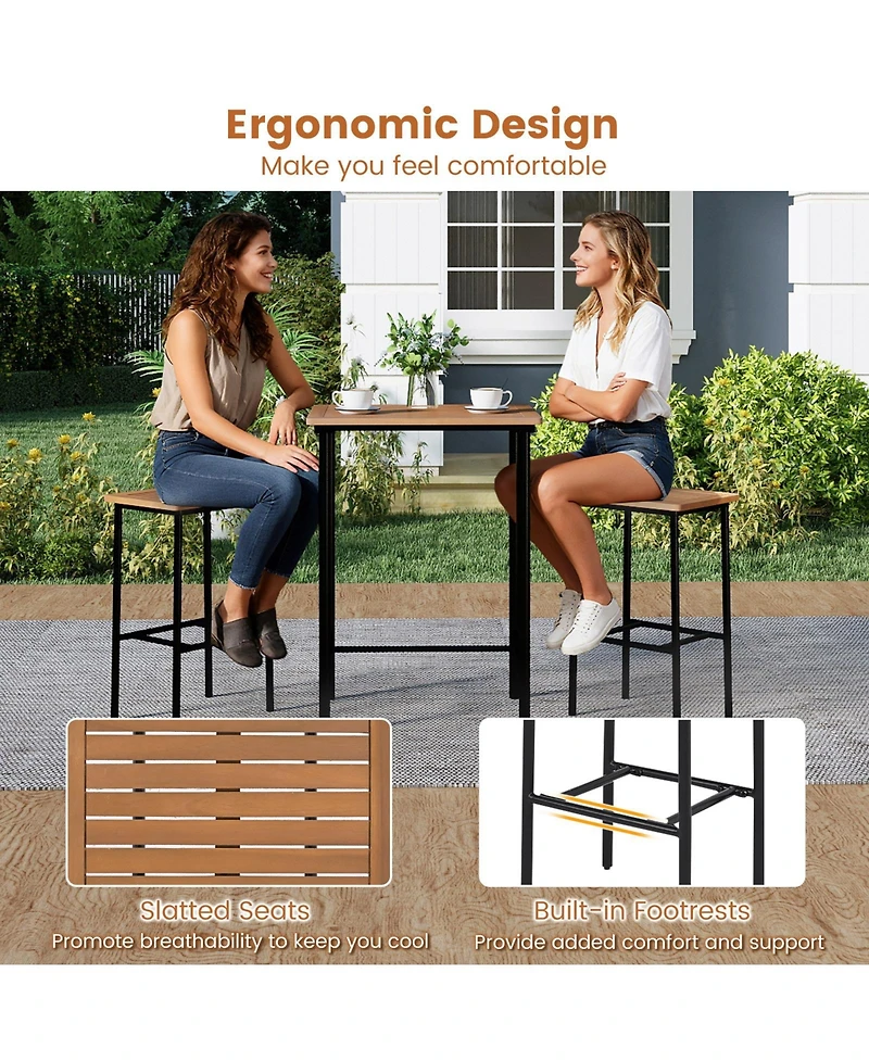 Sugift 3 Pieces Acacia Wood Patio Bar Set Rectangular Table with Metal Frame