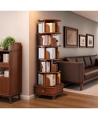 Rainsken 5 Tier Rotating Bookshelf, with Cabinet On Wheel, 360degree(s) Display Spinning Corner Book Shelf Tower, for Bedroom, Living Room, Study Room