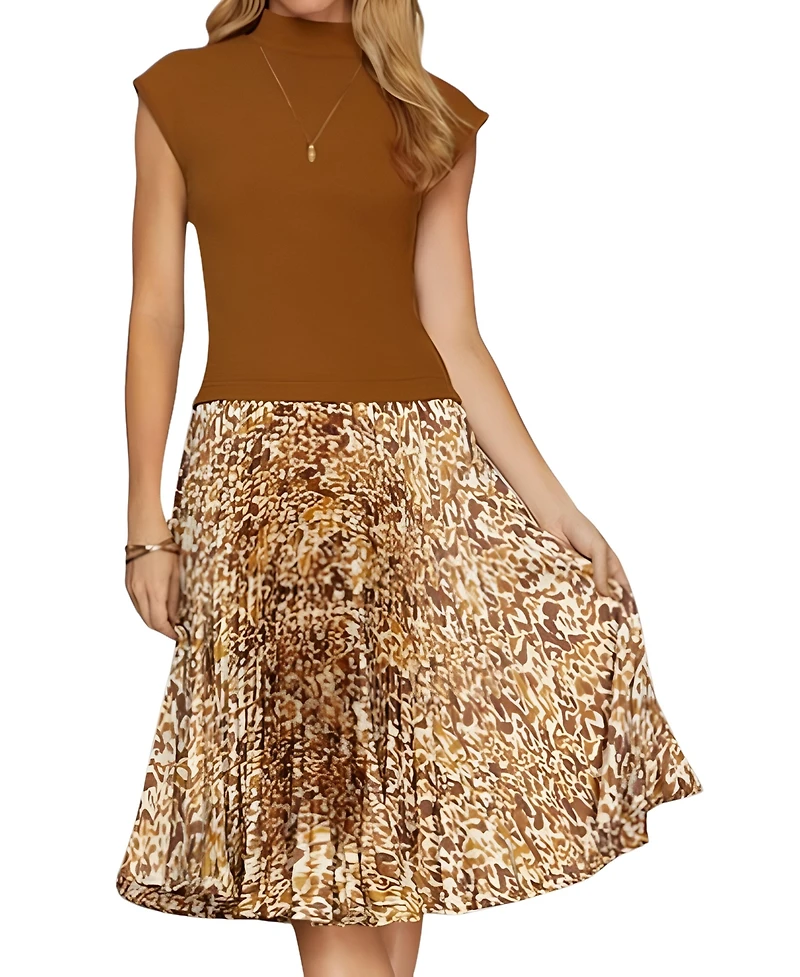 Modenaire Women's Animal Print Pleated High-Neck Midi Dress