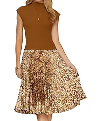 Modenaire Women's Animal Print Pleated High-Neck Midi Dress