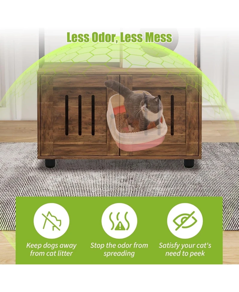 Gaomon Cat Litter Box Enclosure Furniture with Hidden Box, Cat House, Scratching Hammock, Feeding Station, Shelves, and Dog Proof Cabinet.