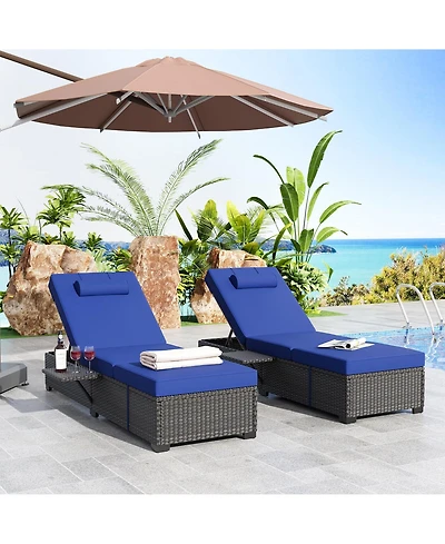 homfan Outdoor Pe Wicker Chaise Lounge Chairs Set of 2, Adjustable Reclining Brown with Cushions, Removable Table Top, Ideas for Patio, Poolside