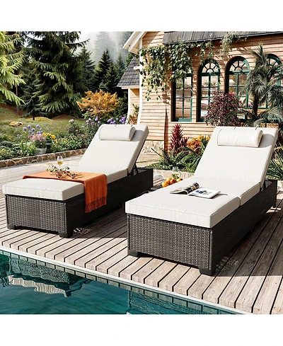 homfan Outdoor Pe Wicker Chaise Lounge Chairs Set of 2, Adjustable Reclining Brown with Cushions, Removable Table Top, Ideas for Patio, Poolside