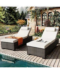 homfan Outdoor Pe Wicker Chaise Lounge Chairs Set of 2, Adjustable Reclining Brown with Cushions, Removable Table Top, Ideas for Patio, Poolside