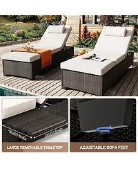 homfan Outdoor Pe Wicker Chaise Lounge Chairs Set of 2, Adjustable Reclining Brown with Cushions, Removable Table Top, Ideas for Patio, Poolside