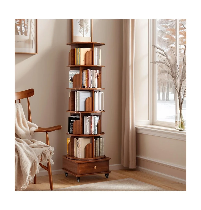 sumyeg 360 Degree Rotating Display Corner Bookshelf 6 Tier Bookcase Storage Rack with Wheels