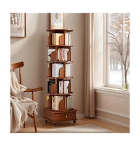 sumyeg 360 Degree Rotating Display Corner Bookshelf 6 Tier Bookcase Storage Rack with Wheels