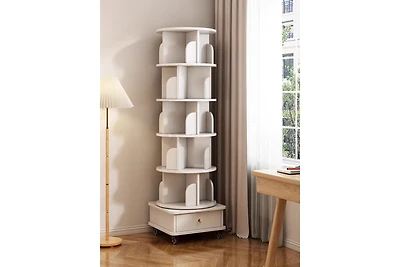 sumyeg 360 Degree Rotating Display Corner Bookshelf 6 Tier Bookcase Storage Rack with Wheels