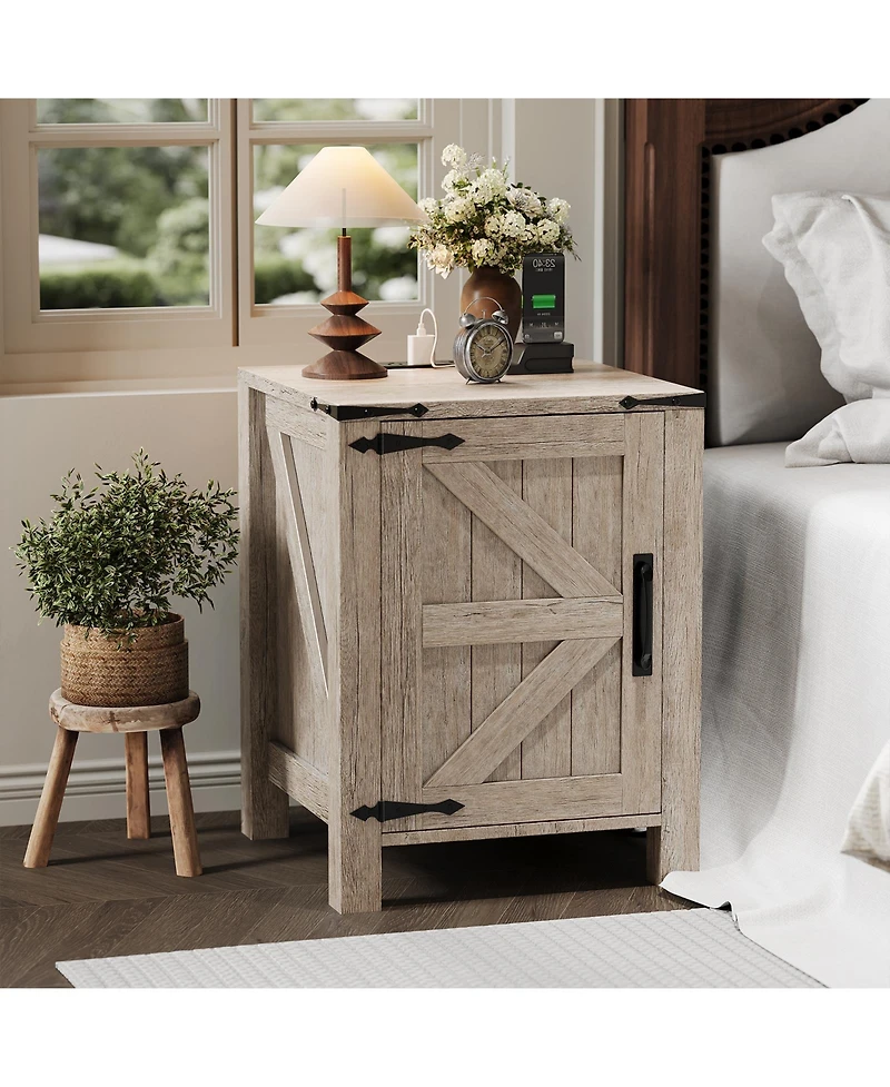 Homfan Rustic Farmhouse Bedside Cabinet with Usb Charging Station, 18" Wide Top, Sliding Barn Door, and Adjustable Shelf for Bedroom or Living Room.