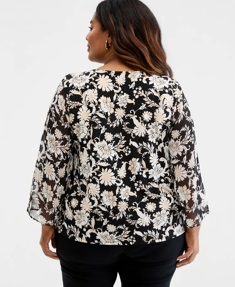 Jm Collection Plus Bold Floral Scroll Chiffon-Sleeve Gathered-Neck Top