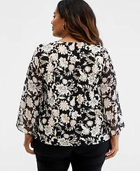 Jm Collection Plus Bold Floral Scroll Chiffon-Sleeve Gathered-Neck Top