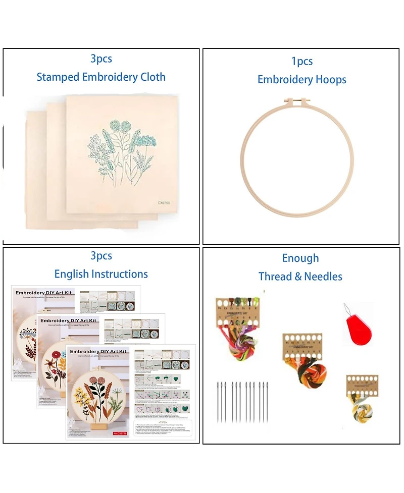 Gnuadz 3 Sets Embroidery Kit Beginners Hoop Flower Diy Craft
