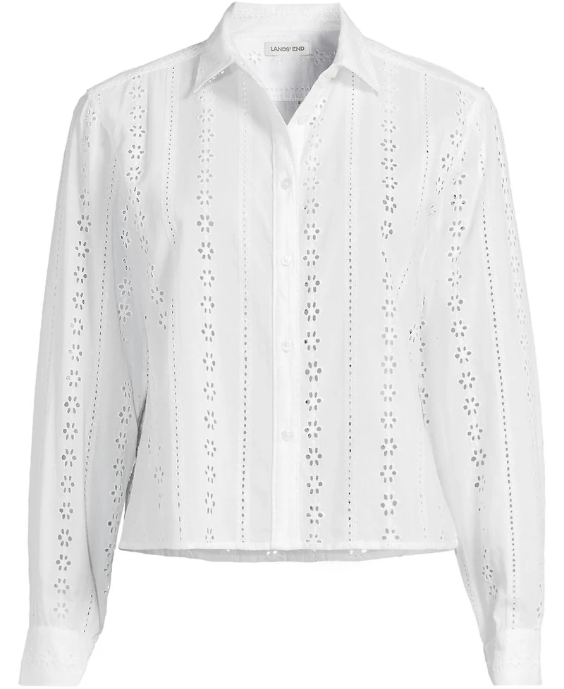 Lands' End Women's Eyelet Cropped Button Front Shirt