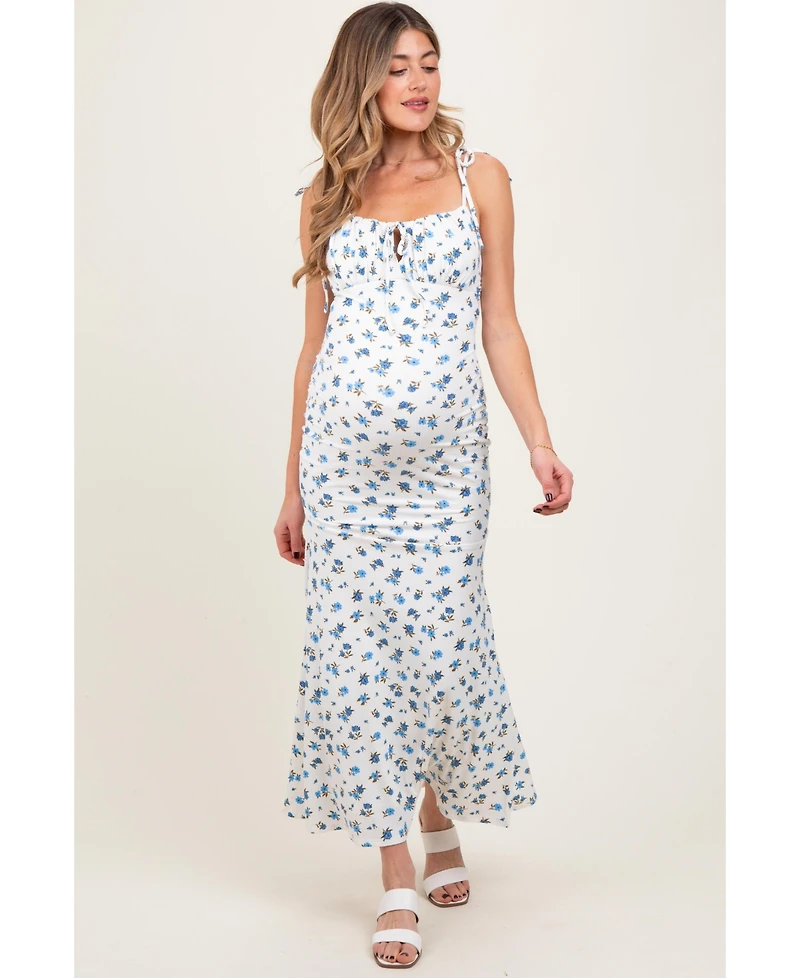 Pinkblush Red Ribbed Floral Shoulder Tie Maternity Maxi Dress