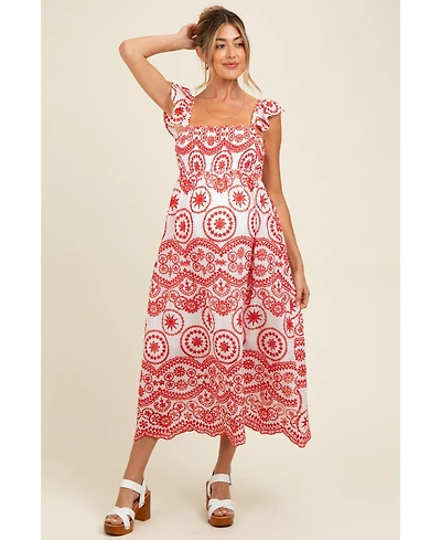Pinkblush Maternity Red Embroidered Smocked Cutout Midi Dress
