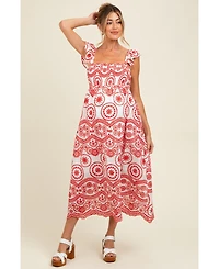 Pinkblush Maternity Red Embroidered Smocked Cutout Midi Dress