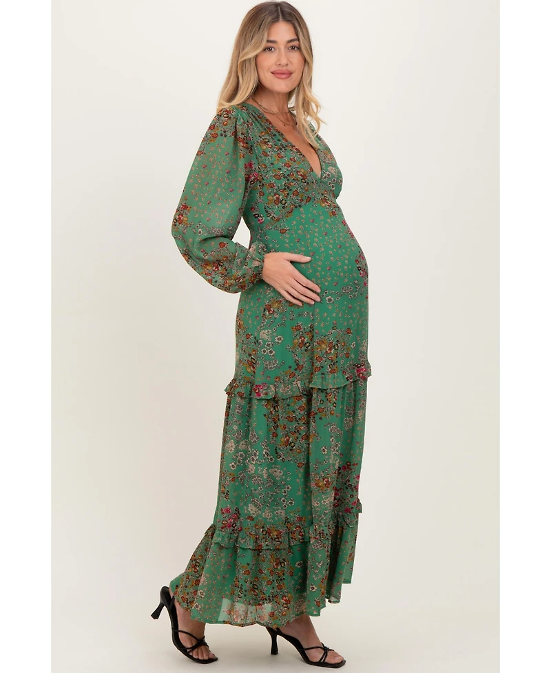 Pinkblush Maternity Green Floral Chiffon V-Neck Long Sleeve Maxi Dress