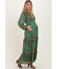 Pinkblush Maternity Green Floral Chiffon V-Neck Long Sleeve Maxi Dress