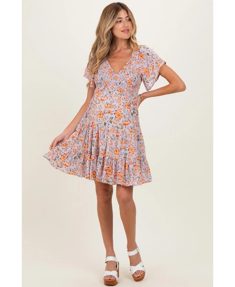 Pinkblush Maternity Lavender V Neck Smocked Bodice Floral Print Dress