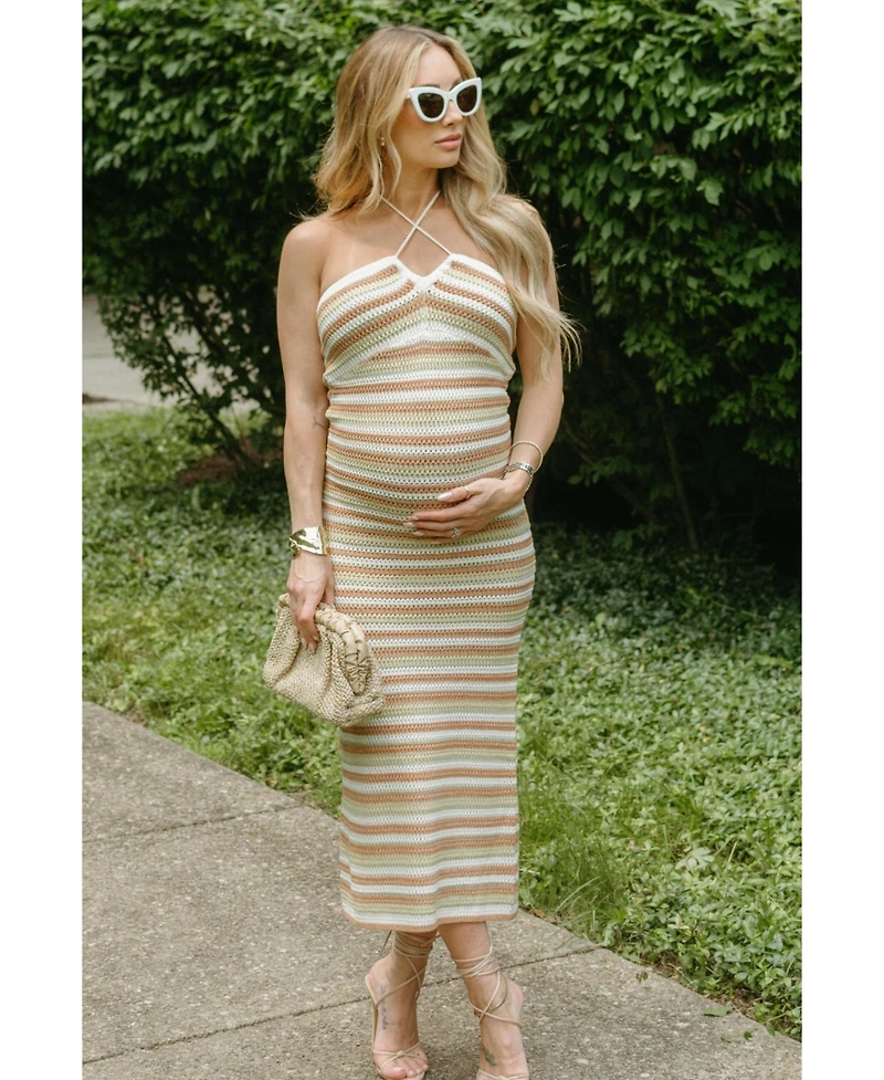 Pinkblush Maternity Light Olive Striped Halter Crochet Knit Midi Dress