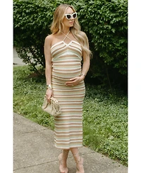 Pinkblush Maternity Light Olive Striped Halter Crochet Knit Midi Dress