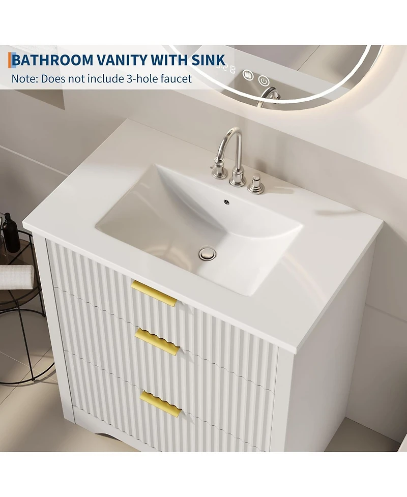 gaomon Fluted Farmhouse Freestanding Bathroom Vanity with Sink, 2 Drawers, Flip-Down Top, Space-Saving Storage