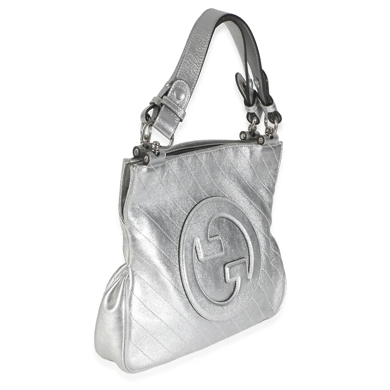 Pre-Owned Gucci Silver Metallic Sakai Diagonal Stitched Calfskin Small Blondie Tote