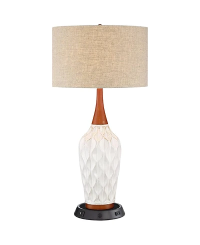360 Lighting Rocco Modern Mid Century Table Lamp 30" Tall Ceramic with Dimmable Usb and Ac Power Outlet in Base Tan Drum for Living Room House