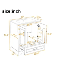 Sillysis 30 Inch Bathroom Vanity with Ceramic Sink, Solid Wood Frame, Soft Close Doors, Drawer and Double Door Shelves