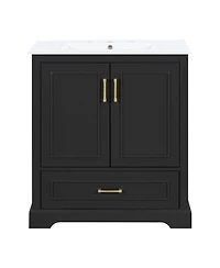 Sillysis 30 Inch Bathroom Vanity with Ceramic Sink, Solid Wood Frame, Soft Close Doors, Drawer and Double Door Shelves