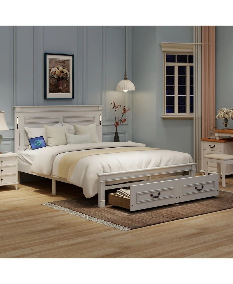 Rainsken Queen Bed Frame, with 2 Storage Drawers and Tall Headboard, Built-In Charging Station Led Lights