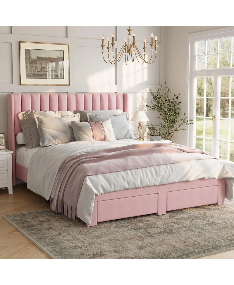 gaomon Velvet Wingback Platform Bed with 2 Storage Drawers Upholstered Bed Frame, Wooden Slats, No Box Spring Needed