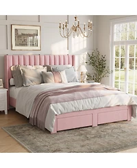 gaomon Velvet Wingback Platform Bed with 2 Storage Drawers Upholstered Bed Frame, Wooden Slats, No Box Spring Needed