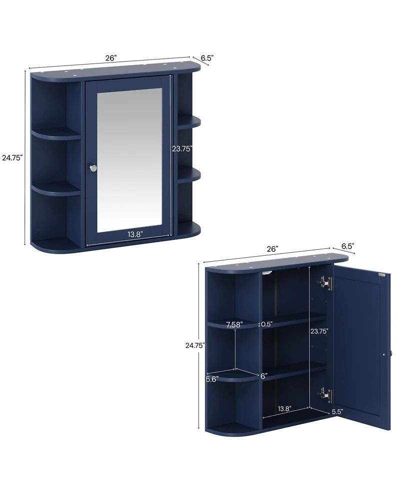 Busdays Bathroom Wall Storage Cabinet with Mirror Medicine Cabinet Adjustable Shelf 6 Open Shelves Doors Wall Mounted Organizer