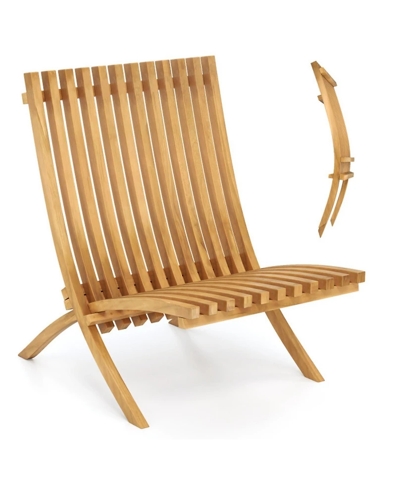 Gouun Folding Teak Wood Outdoor Lounge Chair with Slatted Seat and Backrest, 14 in Seat Height