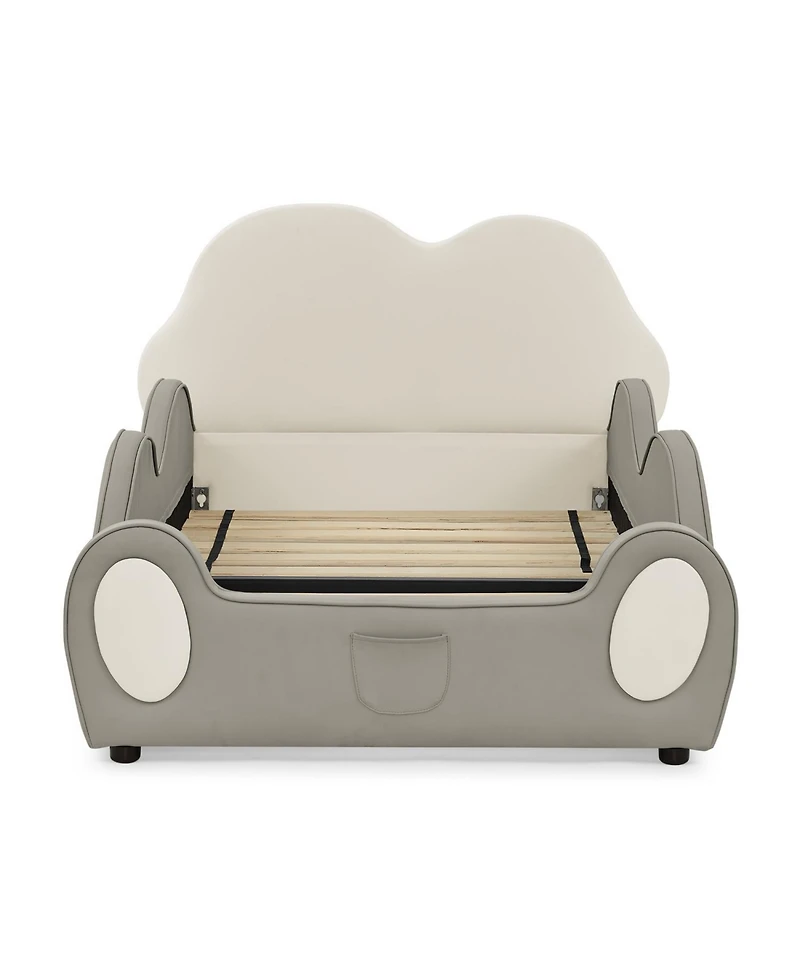 Rainsken Twin Cute Cloud Floor Bed Frame, with Safety Guardrails Beds and Bed-End Storage Pocket, Shape Pu Leather Kids Bed, for 3+
