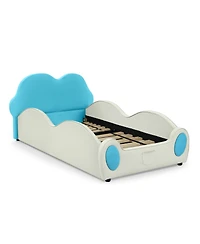 Rainsken Twin Cute Cloud Floor Bed Frame, with Safety Guardrails Floor Beds and Bed-End Storage Pocket, Shape Pu Leather Kids Bed, for 3+ Kids