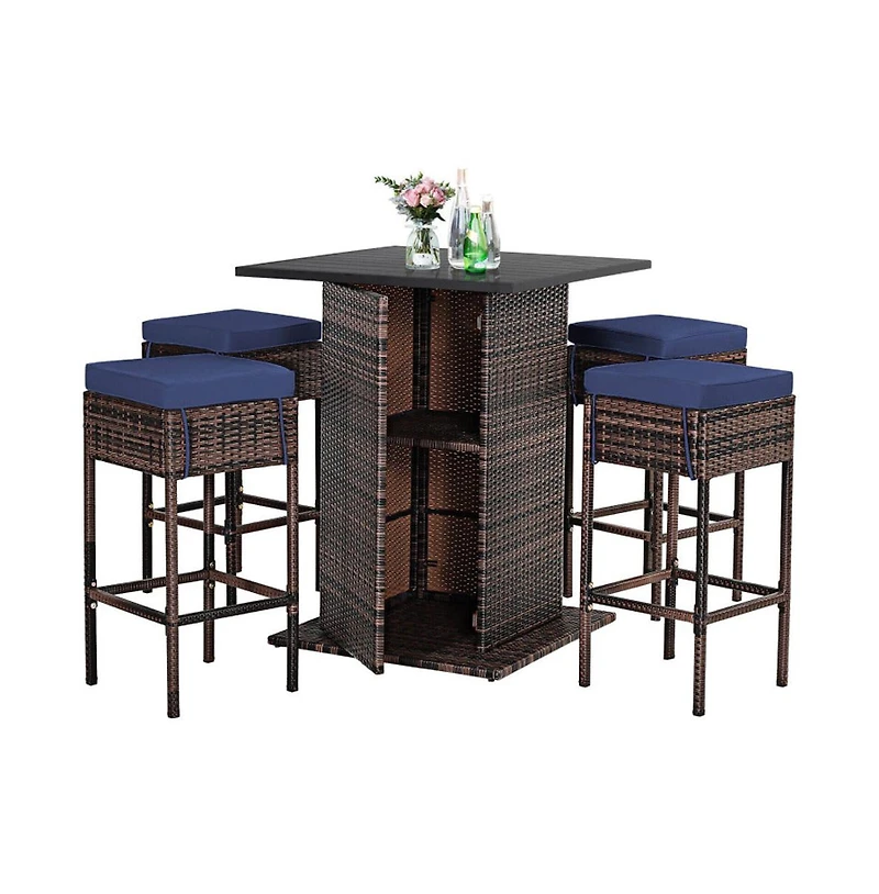 Boyel Living 5 Pieces Patio Rattan Bar Table Stool Set Hidden Storage Shelf Cushioned