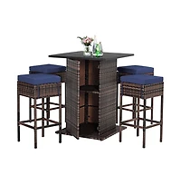 Boyel Living 5 Pieces Patio Rattan Bar Table Stool Set Hidden Storage Shelf Cushioned