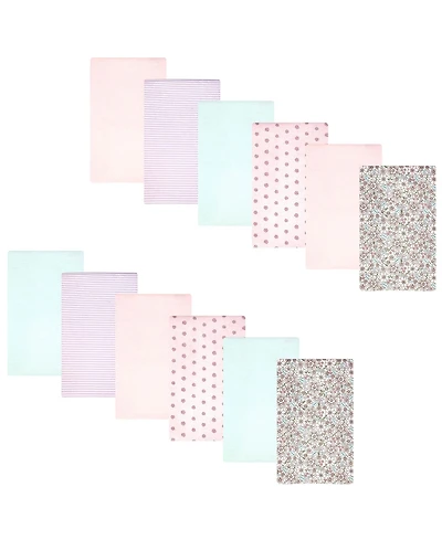 Hudson Baby Girl Cotton Poly Flannel Burp Cloths Bundle 12-Pack, Outline Floral Soft , One Size