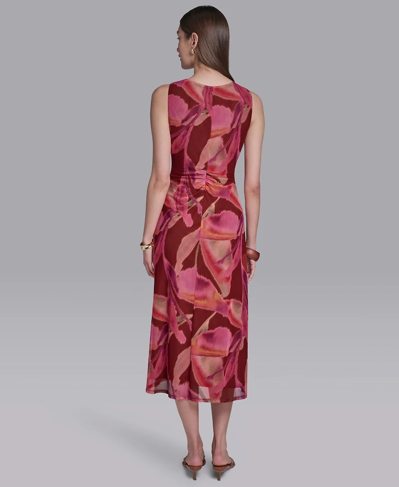 Halston Women's Printed Crewneck Bodycon Keyhole Detail Midi Dress