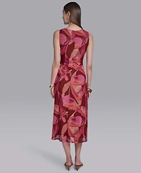 Halston Women's Printed Crewneck Bodycon Keyhole Detail Midi Dress
