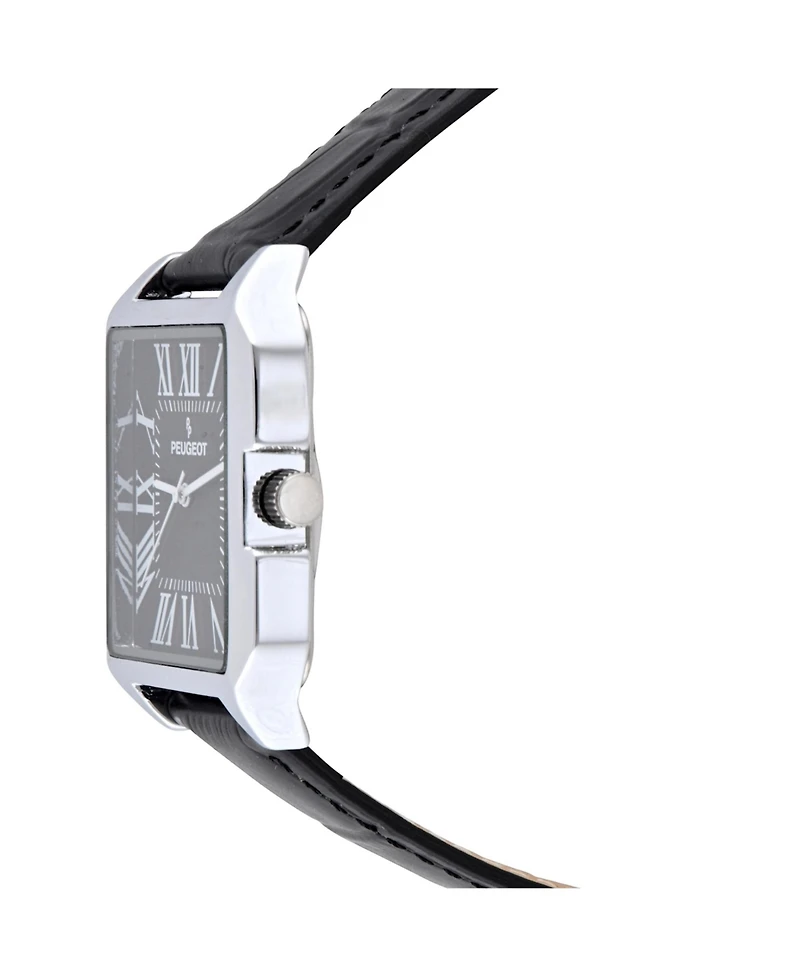 Peugept Men's Black Dial Square Vintage Dress Watch with Roman Numeral Dial and Leather Strap