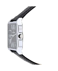 Peugept Men's Black Dial Square Vintage Dress Watch with Roman Numeral Dial and Leather Strap
