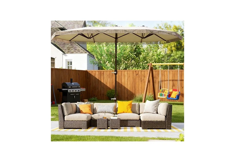 Clihome Extra Large Outdoor Umbrella,Rectangle Patio Umbrella,with Fringe and Crank Handle