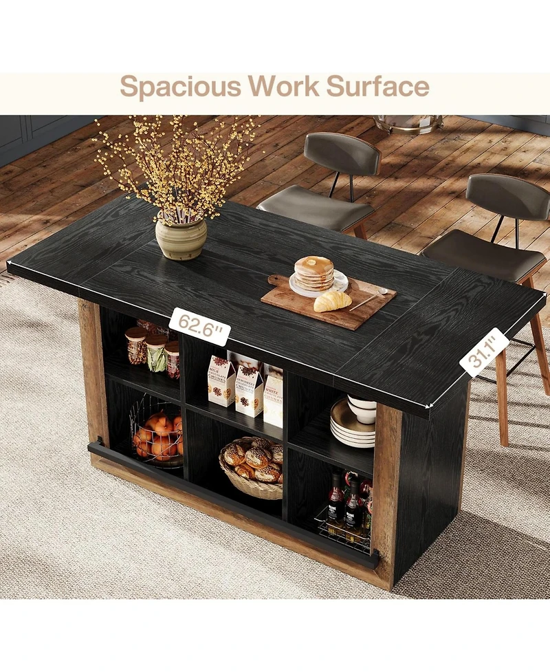 Tribesigns Kitchen Island with Storage, Farmhouse Table 6-Cubby Open Shelves and Metal Foot Rail